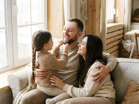 Happy young family with a small daughter sitting together on the sofa at home during the day
