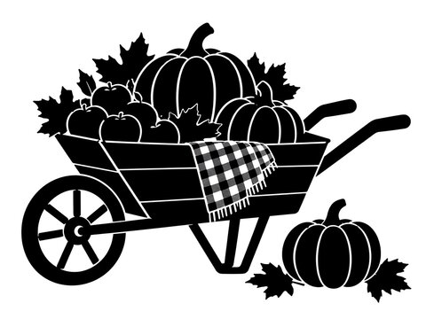 Hand-drawn pumpkin harvest wagon filled with autumn produce for seasonal decor and branding