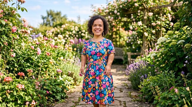 Smiling Woman with Dwarfism in a Colorful Floral Dress Walks Through a Lush Garden Path