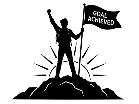 Silhouette figure celebrating success by raising goal achievement flag on mountain peak