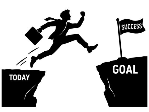 Business professional sprinting from todays challenges toward success milestone with dynamic vector illustration