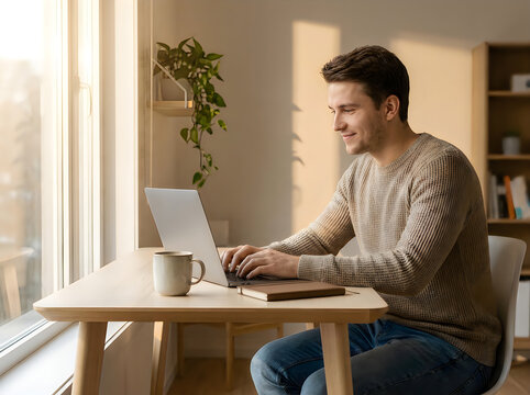 A young man sitting at a desk by a window working on his laptop in a cozy home office