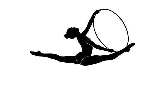 Rhythmic gymnast silhouette performing a split jump with a hoop on white background