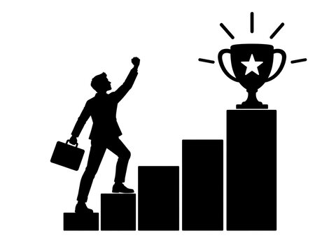 Business professional climbing stairs with trophy celebrating career success and achievement