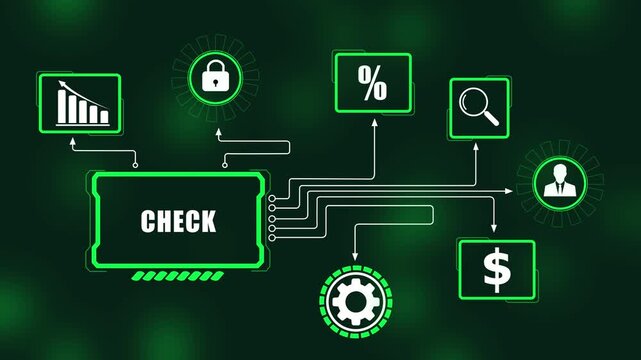Digital interface featuring a centralized check system with interconnected financial data analytics, security locks, and corporate growth metrics for modern business technology and fintech