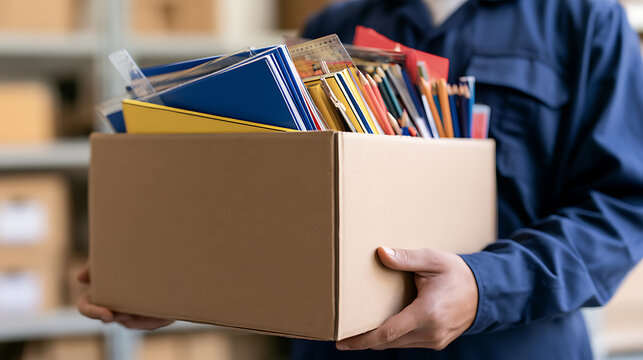 A worker in a blue uniform carry a cardboard box full of colorful office supplies, stationery, and folders in a warehouse environment
