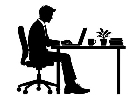 Professional business executive working on laptop at modern desk in office setting with clean copy space