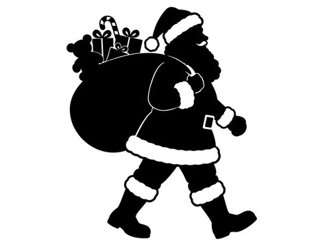 Santa Claus carrying large sack of gifts in holiday-themed silhouette style