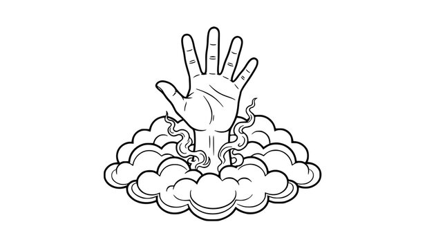 Cartoon hand rising from clouds with smoke black and white line art vector illustration