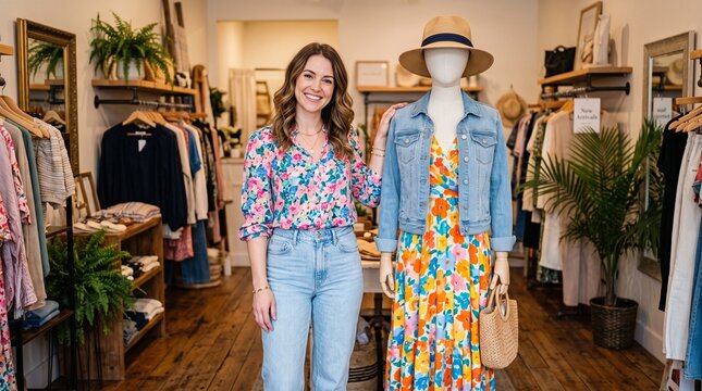 Smiling woman in floral shirt and jeans stands next to a mannequin in a colorful dress and denim jacket in a boutique