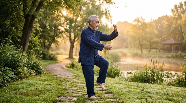 Elderly Asian man practicing Tai Chi in a serene park at sunrise with morning mist over the lake