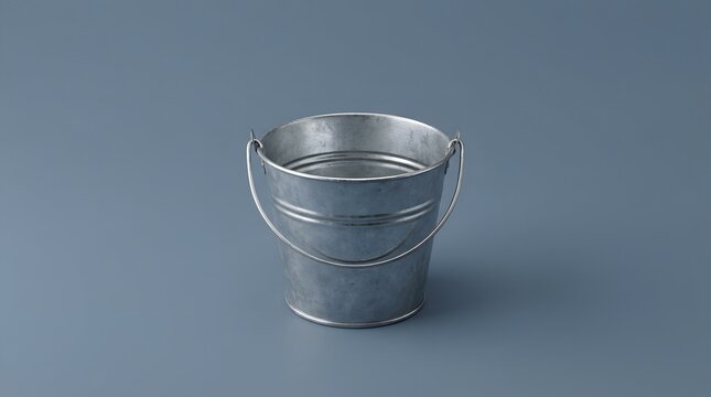 A simple  empty galvanized steel pail with a wire handle rests centrally on a solid blue background  highlighting its utilitarian design and brushed metal finish
