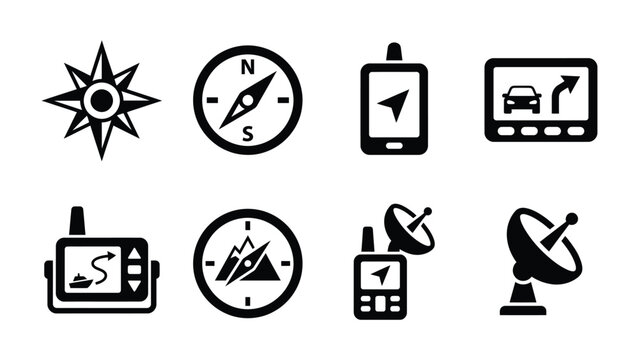 Navigation and Communication Icons: A collection of diverse icons representing navigation and communication technologies, including compasses, GPS devices, and satellite dishes.