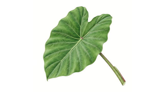 Single green tropical elephant ear taro leaf isolated on white background
