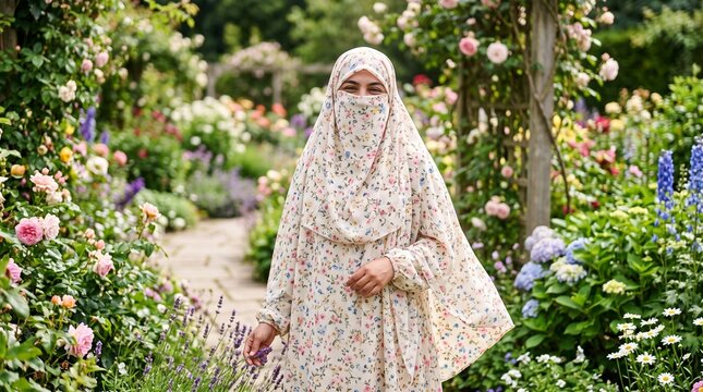 Young Muslim Woman Wearing Floral Hijab and Niqab in a Lush Blooming Garden