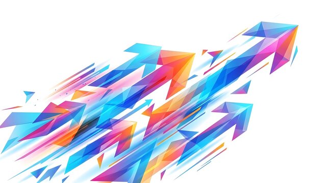 Vibrant polygonal arrows in shades of blue  pink  orange  and purple move diagonally upward across a clean white space  conveying speed and direction through stylized motion lines