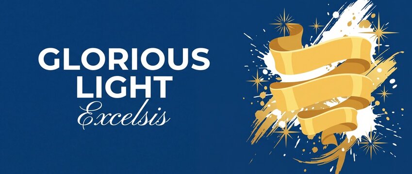 Gold Ribbon Christmas Banner Background with Glorious Light Excelsis text, golden sparkles, paint splash, navy blue background, religious holiday template, celebration graphic header design.