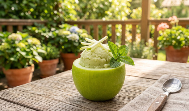 Authentic green apple sorbet served in a hollowed granny smith apple shell with fresh apple matchsticks and mint sprigs,