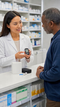 Friendly female pharmacist explains use of digital blood glucose monitor to older male patient at pharmacy counter with medicine shelves in background of medical facility.