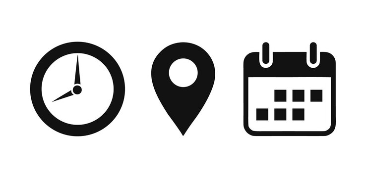 Time address and  date  icon  vector  with  modern  flat  design including  clock location  pin and  calendar  interface  symbols.