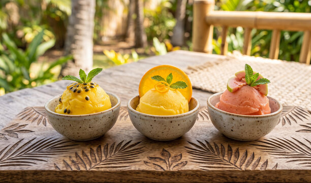 Authentic passion fruit orange guava sorbet trio garnished with fresh passion fruit seeds and orange slices, 