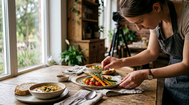 Professional food stylist carefully garnishes plate of roasted vegetables with fresh herbs on rustic wooden table in bright kitchen studio setting with camera on tripod in background.