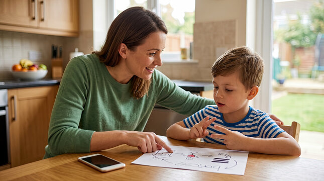 Smiling mother sitting at kitchen table with her young son, helping him draw and point at paper filled with colorful doodles during quiet afternoon at home.