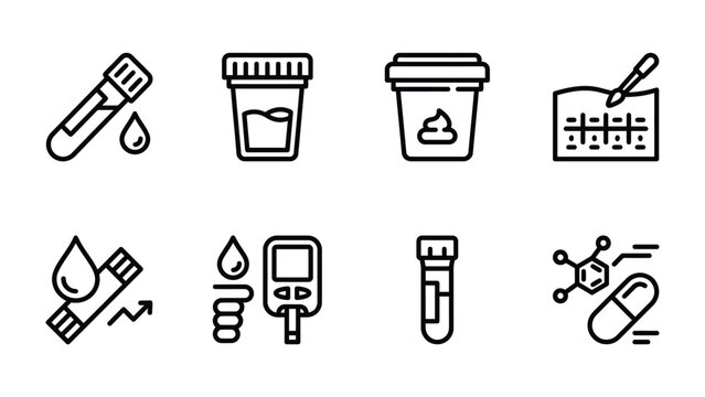Medical Test Icons: A collection of vector icons representing various medical tests and diagnostics, including blood sample, urine analysis, stool sample, glucose monitoring, and molecular structures.