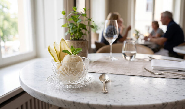 Authentic elderflower pear sorbet served in an elegant crystal bowl garnished with thin pear slices and fresh mint,