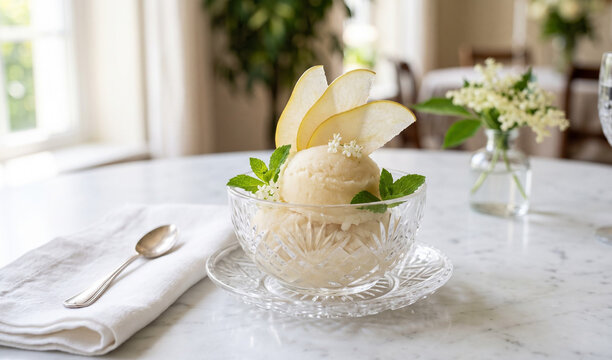 Authentic elderflower pear sorbet served in an elegant crystal bowl garnished with thin pear slices and fresh mint,