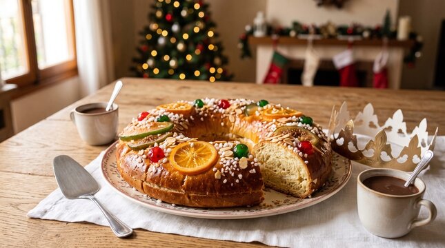 Traditional Rosca de Reyes cake with hot chocolate and festive Christmas decorations in the background