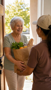 Smiling senior woman receiving brown paper bag of groceries from delivery person at her residential front door during daytime.