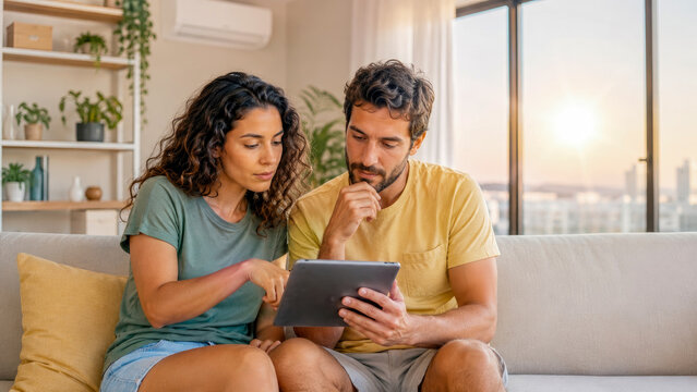 Young couple sits together on couch in bright living room while looking at digital tablet screen and discussing something with focused expressions during late afternoon golden hour light.