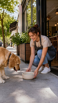 Smiling female cafe worker in apron crouches on sidewalk to offer bowl of fresh water to golden retriever dog outside of restaurant entrance on sunny day in city.