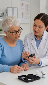 Doctor in white coat showing glucometer device to elderly female patient in medical office