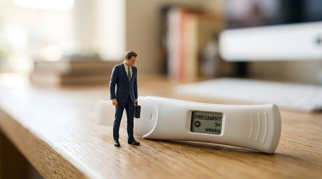 Miniature businessman figurine positioned next to a digital pregnancy test showing  PREGNANT 3  weeks  on a wooden desk  with out of focus office items behind