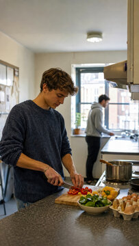 Young man wearing dark blue sweater is cutting vegetables on wooden chopping board in kitchen while another man stands near window in background.