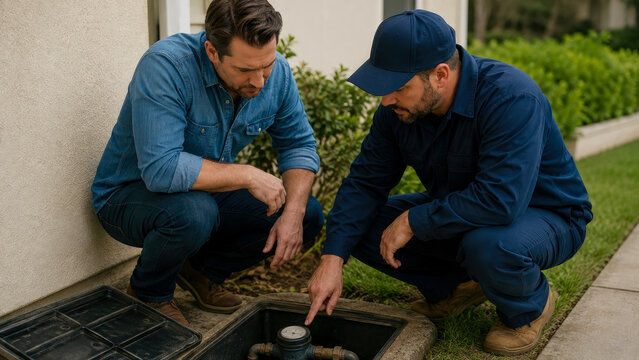 Two men squatting outdoors next to house, inspecting utility meter inside open ground box with technician pointing at device while homeowner looks on attentively.