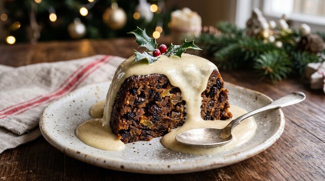 Delicious Christmas pudding with brandy sauce and holly garnish on a plate with a festive background