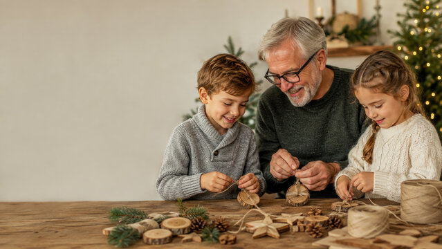 Smiling grandfather and his two young grandchildren are sitting together at wooden table crafting handmade Christmas ornaments from natural wood slices and twine in cozy holiday home setting.