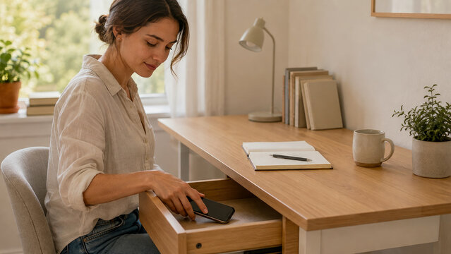 Young woman sitting at wooden desk in bright home office puts her smartphone into open drawer while working on project with notebook and pen nearby in calm and organized workspace.