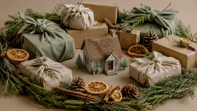 Small model house surrounded by sustainable Christmas gifts wrapped in cloth and brown paper, decorated with pine branches, pinecones, dried orange slices and cinnamon sticks.