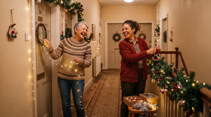Fototapeta premium Two women laughing while decorating hallway with Christmas lights and garlands, preparing for holiday season.