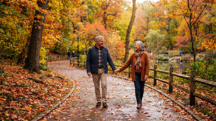 Obraz premium Elderly couple holding hands and walking along path covered in fallen autumn leaves in park with colorful trees.