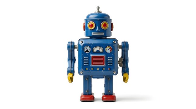An old fashioned blue metal robot toy with glowing red eyes  dials on its chest  and yellow gripped arms  positioned frontally on a clean white surface