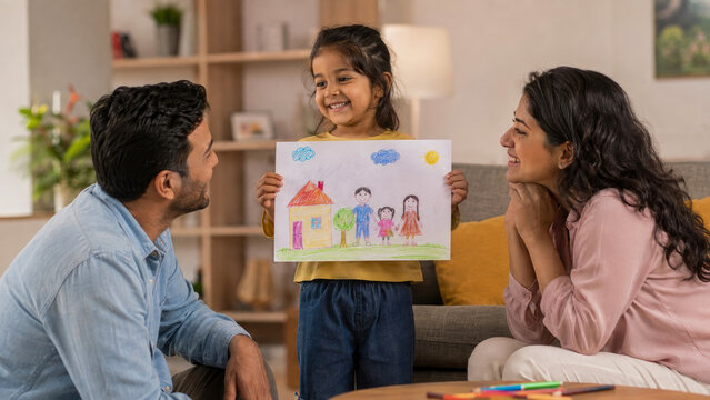 Young girl proudly showing her colorful hand-drawn picture of family and house to her smiling parents in cozy living room setting during happy afternoon at home with her loving family.