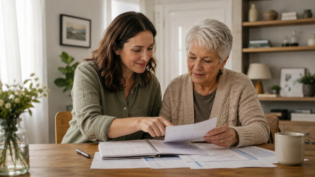 Younger woman and older woman sit at wooden table, reviewing documents together with focused expressions and engaged body language.