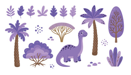 Cute purple dinosaur cartoon character graphic element collection . Prehistoric palm trees, exotic leaves, bushes, isolated game asset vector illustrations . © Nesar