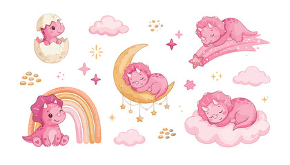 Cute pink baby triceratops dinosaur cartoon character collection . Sleeping on moon, cloud, shooting star, rainbow, isolated nursery vector illustrations . © Nesar