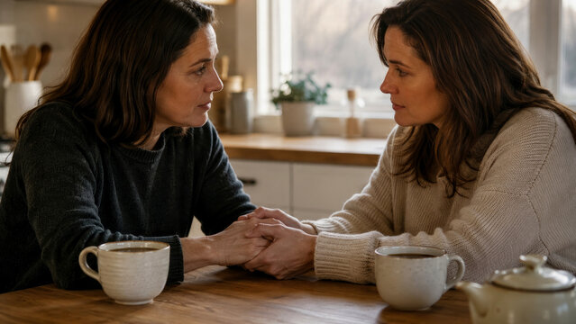 Two women sitting at wooden kitchen table holding hands and talking with coffee cups nearby in brightly lit home interior setting.